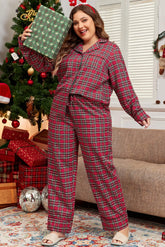 Plus Size Plaid Collared Neck Top and Pants Lounge Set Plaid OutfitFlow